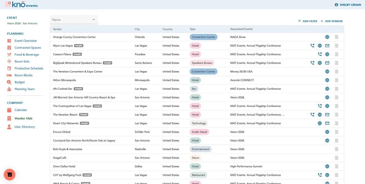 The KNŌ Events vendor hub, centralizing vendor contacts, services, assignments and history.